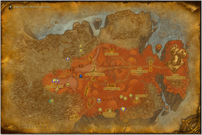 In this screen shot we see the map over the zone Hellfire Peninsula. The different signs on the map indicate activities the player has to undertake.